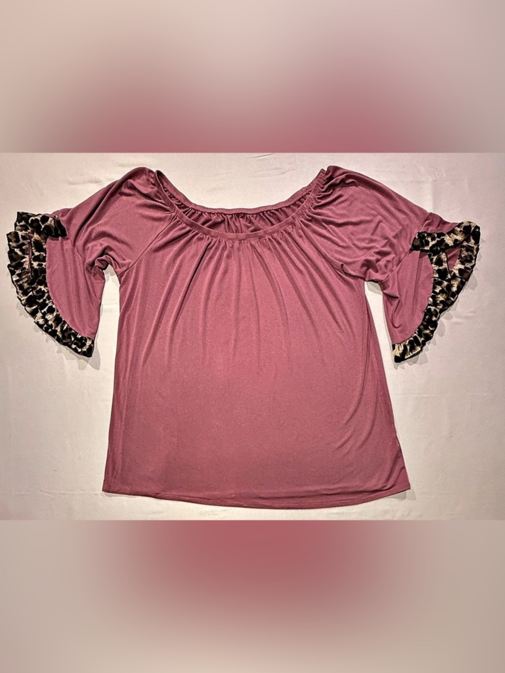 Sol R.H.R. Women’s 2X Pink Top Leopard Print Ruffle Bell Sleeves
